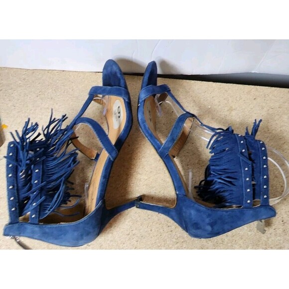 Report Elle Stiletto Heels Blue Suede Size 6.5 Fringe Strappy 4” Heel - Picture 6 of 10